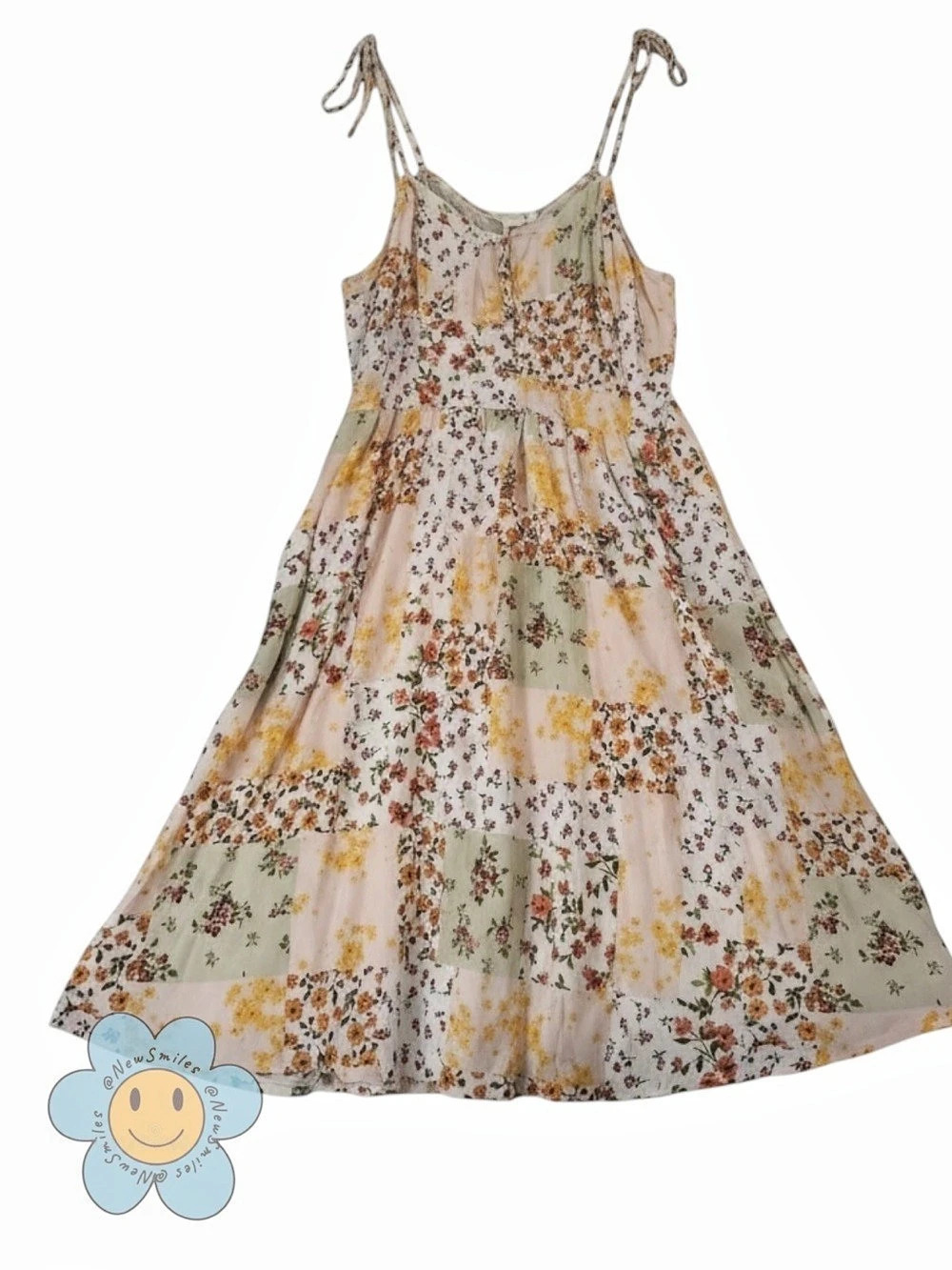 Just Polly ~ Sundress ~ Floral Multicolor ~ Smocked Back ~ Spaghetti Straps Ties